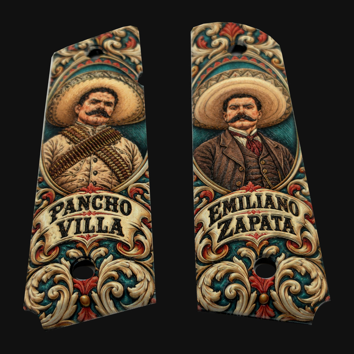 Pancho Villa and Emiliano Zapata full-size ambi-cut polymer 1911 grip pair on charcoal background