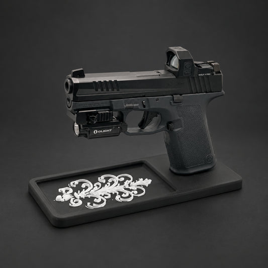 Scrollwork Glock-Style Double-Stack Pistol Display Stand & Tray