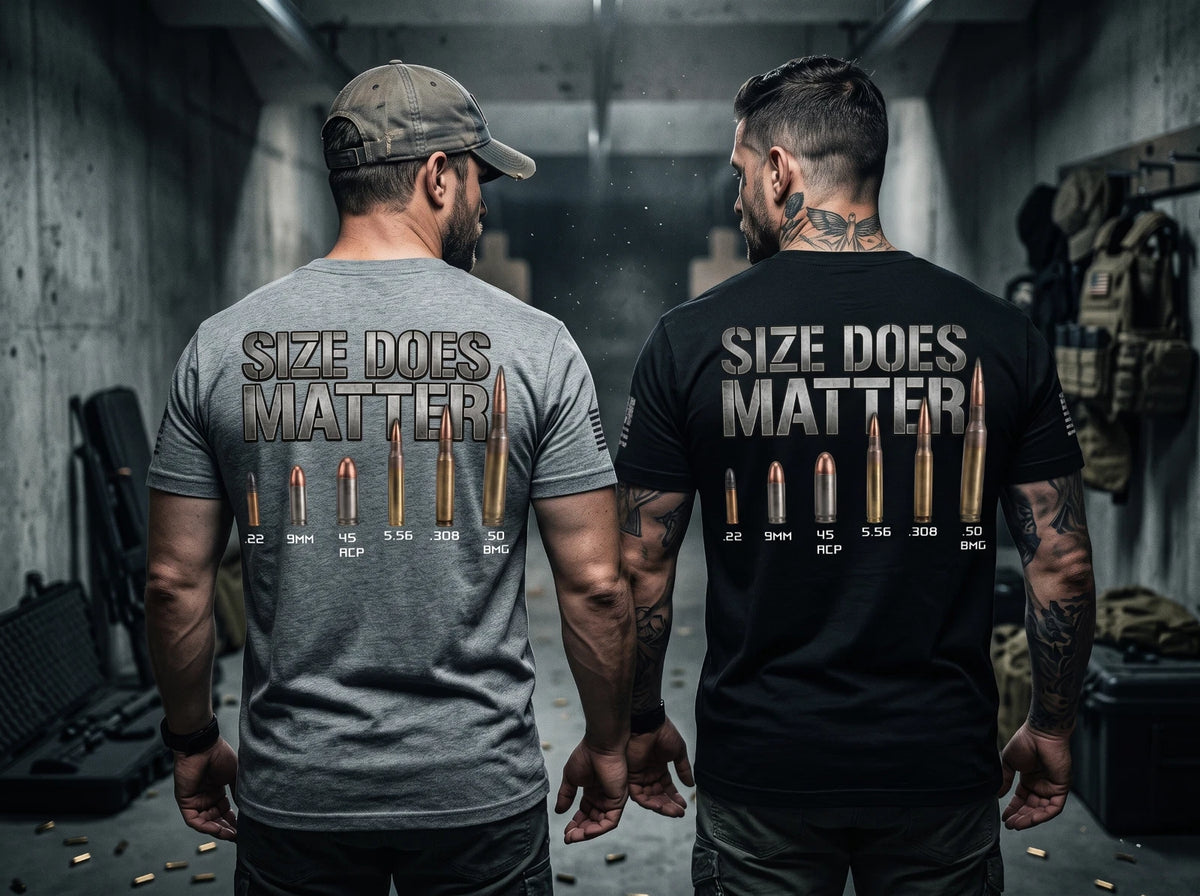 Size Does Matter Caliber Graphic T-Shirt — Black or Gray — product photo 1