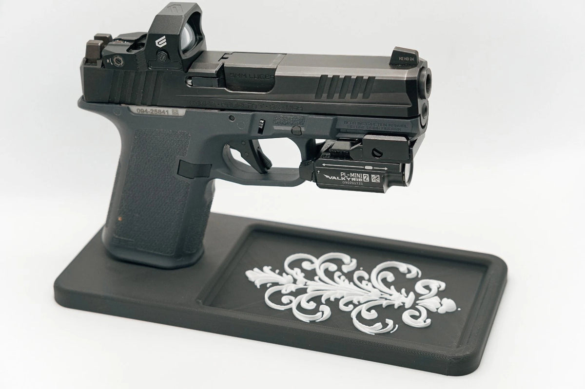 Scrollwork Glock-Style Double-Stack Pistol Display Stand & Tray – alternate view