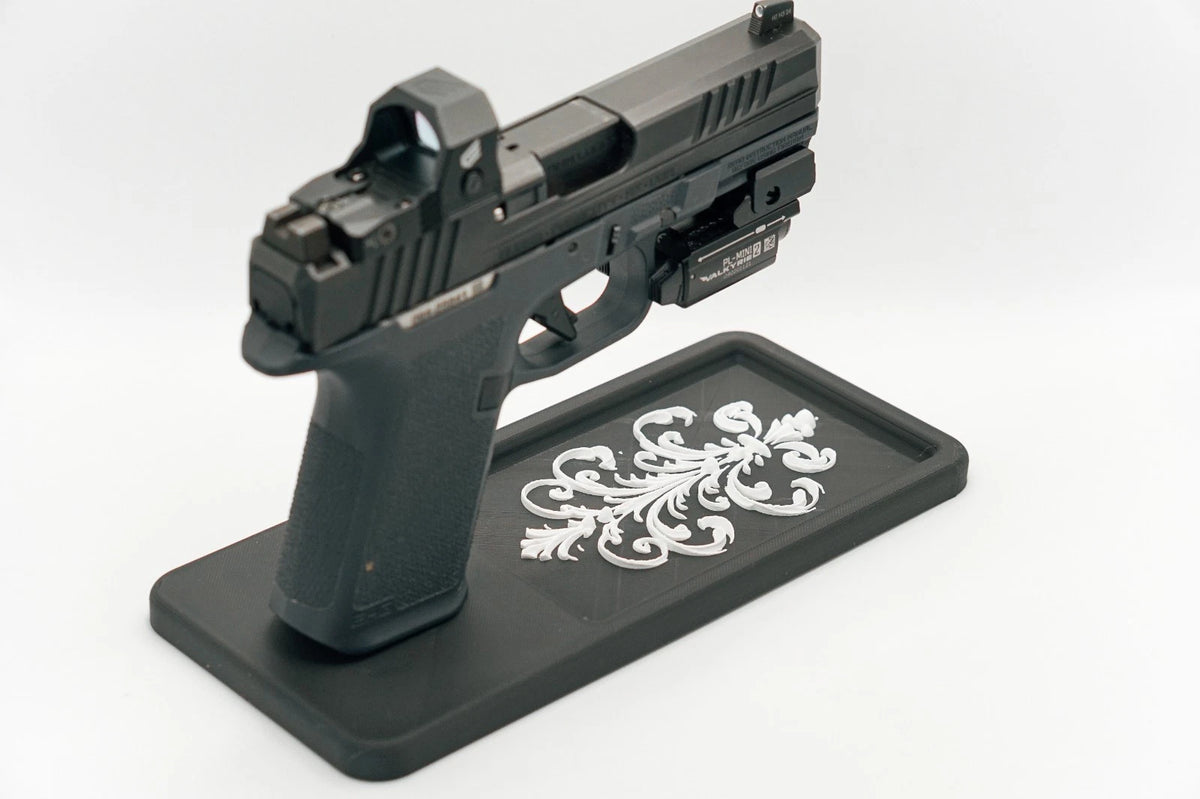 Scrollwork Glock-Style Double-Stack Pistol Display Stand & Tray – alternate view