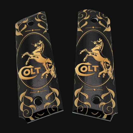 Colt logo black and gold scroll full size ambi-cut polymer 1911 grip pair