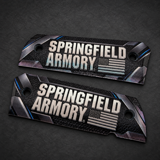 Springfield Armory Logo & American Flag full-size 1911 ambi-cut polymer grip pair on charcoal background
