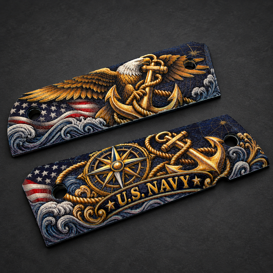 US Navy Eagle & Anchor full-size 1911 ambi-cut polymer grip pair on charcoal background