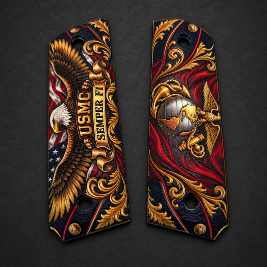 USMC Semper Fi full-size 1911 ambi-cut polymer grip pair on charcoal background