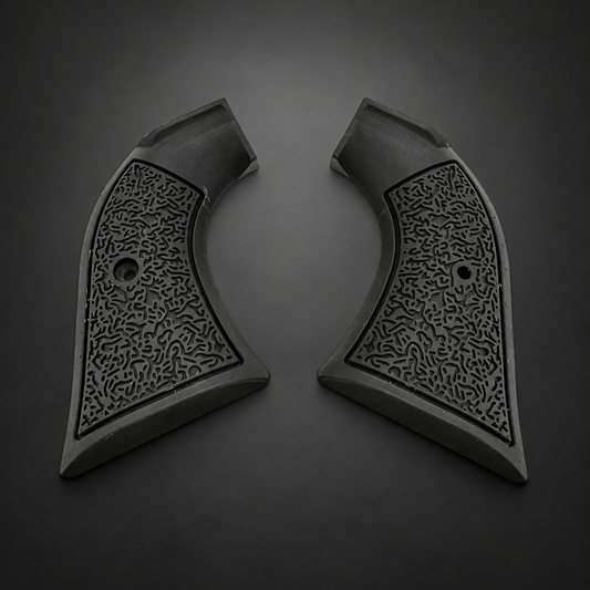 Black MicroMaze polymer Ruger Wrangler grip pair on a charcoal studio background