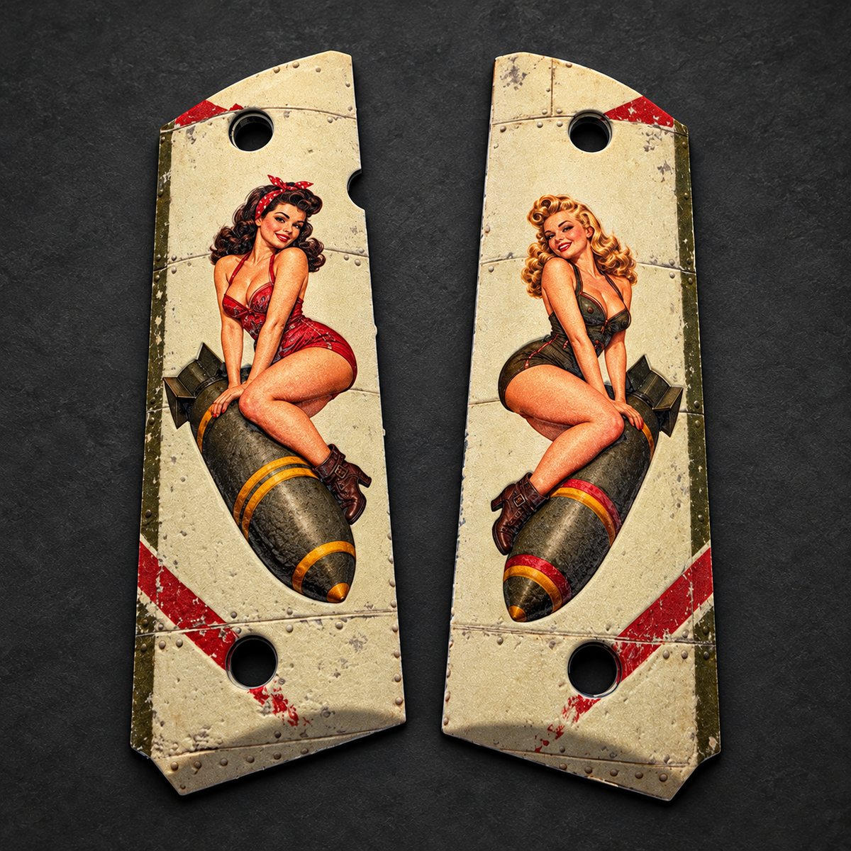 WWII Pin-Up Girls & Bomb Nose Art full-size 1911 ambi-cut polymer grip pair on charcoal background