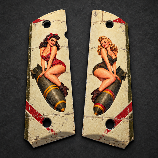 WWII Pin-Up Girls & Bomb Nose Art full-size 1911 ambi-cut polymer grip pair on charcoal background