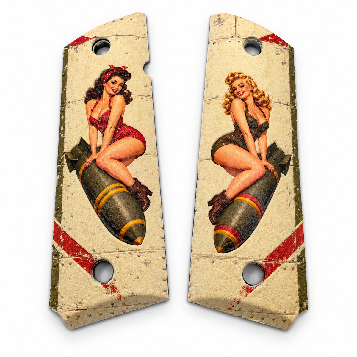 WWII Pin-Up Girls & Bomb Nose Art full-size 1911 ambi-cut polymer grip pair on white background